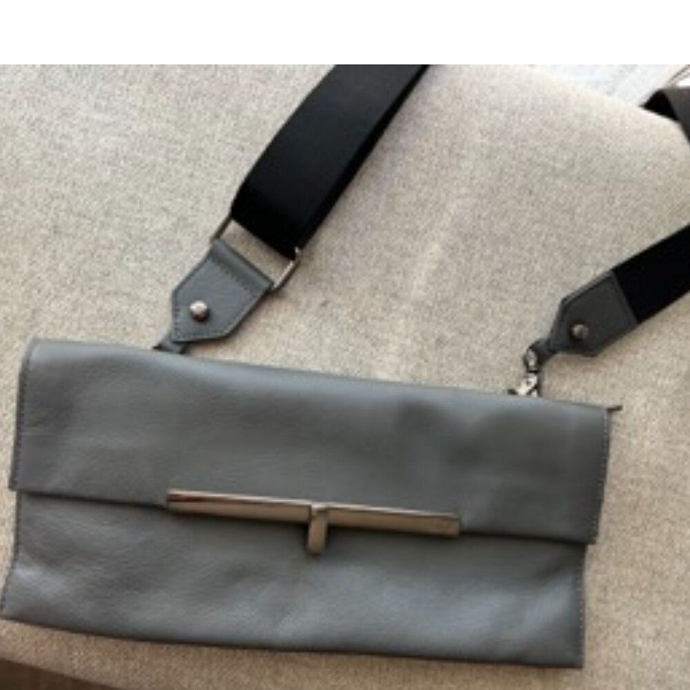 Botkier Gray Leather Foldover Crossbody Clutch Wide Strap Bag